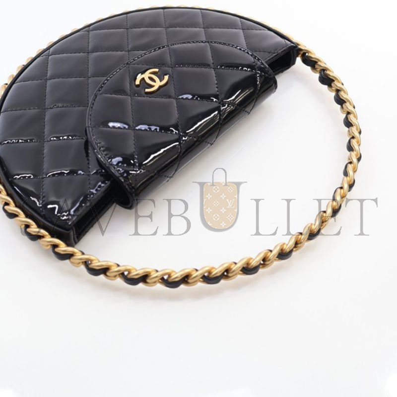 CHANEL PATENT CALFSKIN QUILTED CHAIN HOOP BAG BLACK AP3585 (23*23*3cm)